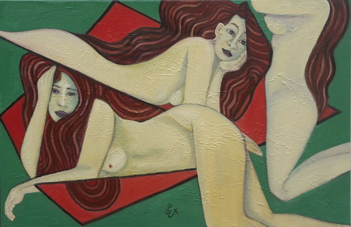 Schilderij getiteld "Muses" door Christophe Leparoux, Origineel Kunstwerk, Olie Gemonteerd op Frame voor houten brancard