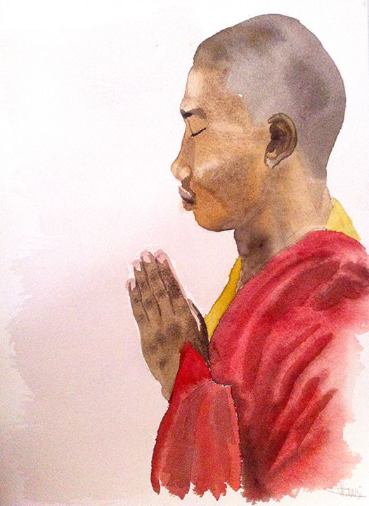 Painting titled "tibetan in prayer" by Christophe Rinaldi, Original Artwork