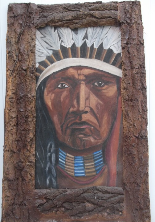 Painting titled "chef indien sioux" by Christophe Schaefer, Original Artwork, Oil