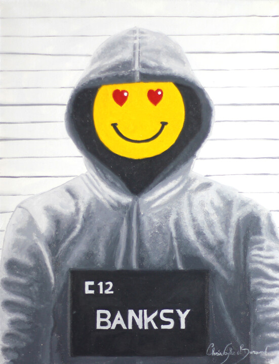 Painting titled "Banksy, arrêté pour…" by Christophe Stephan Durand, Original Artwork, Oil Mounted on Wood Stretcher frame