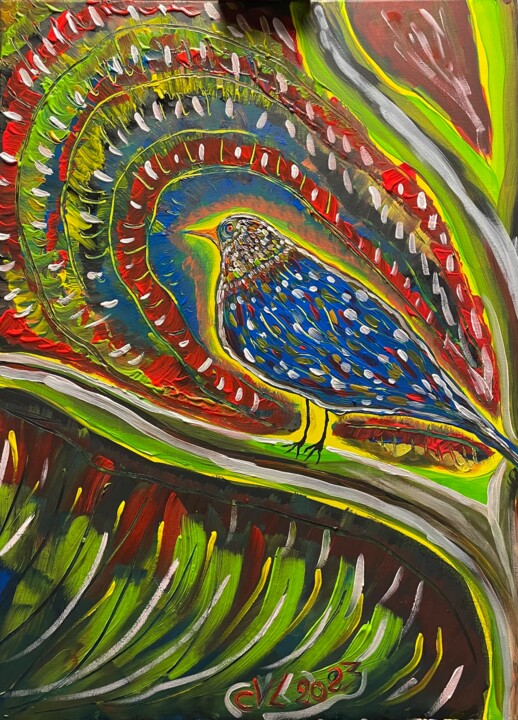 Painting titled "Birdy Bird" by Christophe Verger-Lecocq, Original Artwork, Acrylic Mounted on Wood Stretcher frame