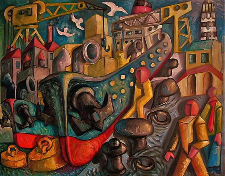 Картина под названием "Bateaux à quai" - Christophe Gol, Подлинное произведение искусства, Масло