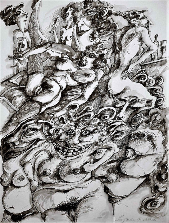 Disegno intitolato "Le jardin des délic…" da Christophe Gol, Opera d'arte originale, Inchiostro