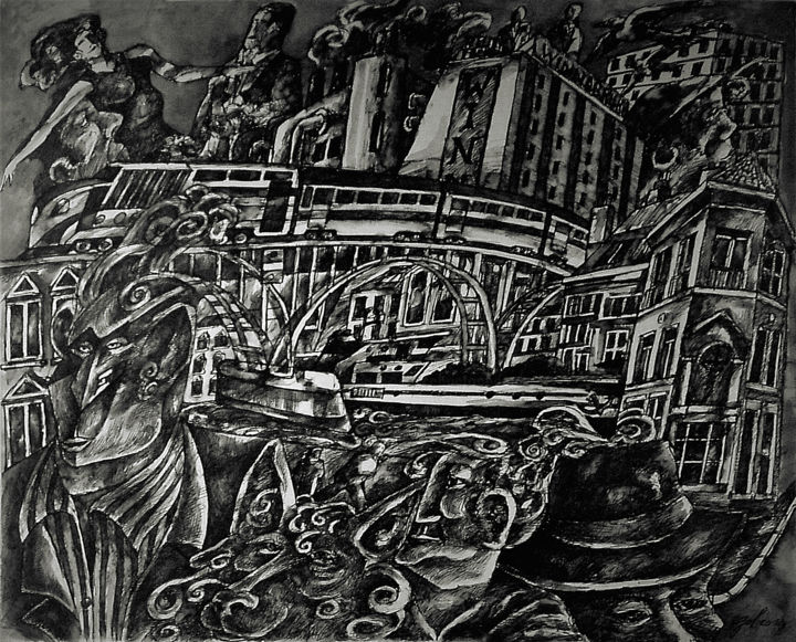 Dessin intitulée "Une ville" par Christophe Gol, Œuvre d'art originale, Encre
