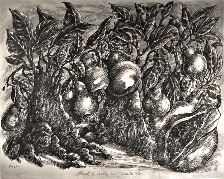 Dessin intitulée "Fruits des arbres d…" par Christophe Gol, Œuvre d'art originale, Encre