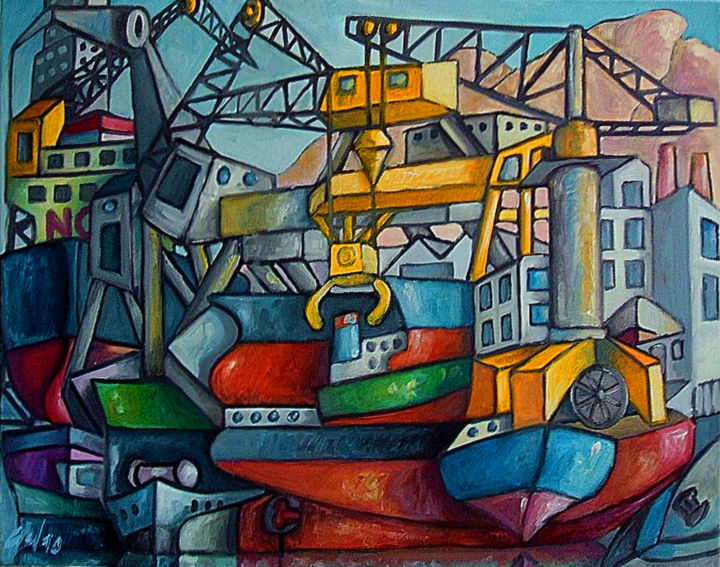 Peinture intitulée "Le port industriel" par Christophe Gol, Œuvre d'art originale, Huile