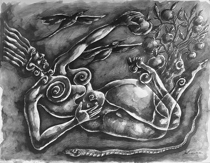 Drawing titled "La femme à la pomme" by Christophe Gol, Original Artwork, Ink