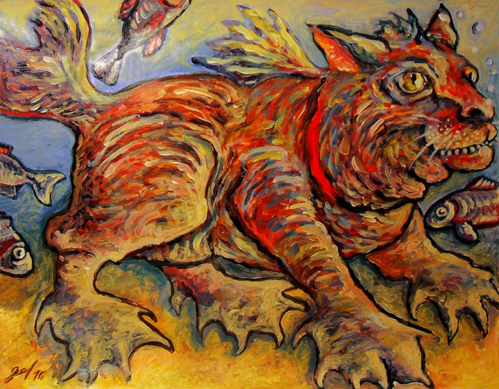 Schilderij getiteld "Le poisson chat" door Christophe Gol, Origineel Kunstwerk, Acryl