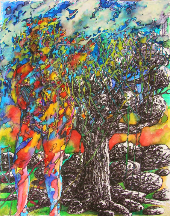 Painting titled "L'Arbre aux pierres" by Christophe Gol, Original Artwork, Ink