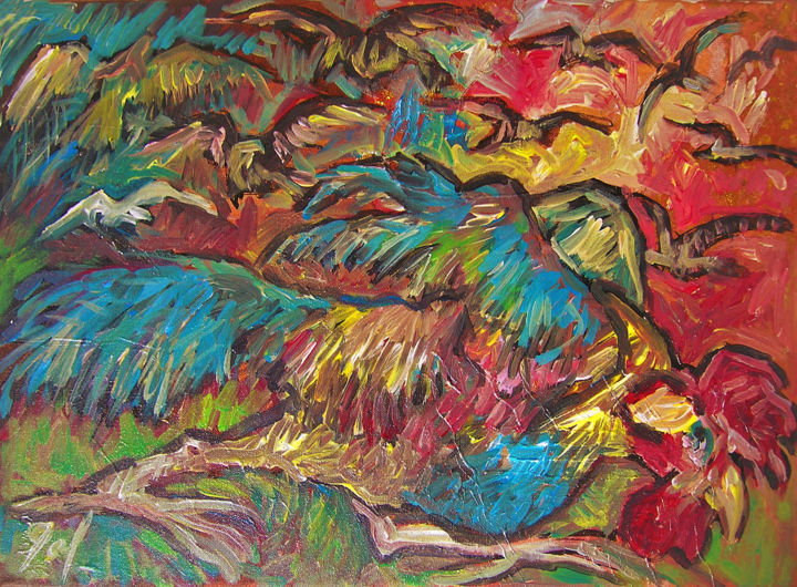 Painting titled "Le coq accablé" by Christophe Gol, Original Artwork, Acrylic