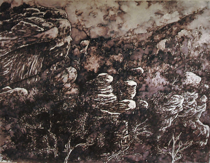 Картина под названием "Les tours de pierre" - Christophe Gol, Подлинное произведение искусства, Чернила