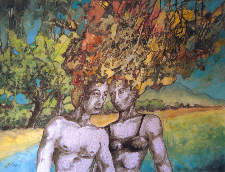 「Two spirits in the…」というタイトルの絵画 Christophe Golによって, オリジナルのアートワーク, アクリル