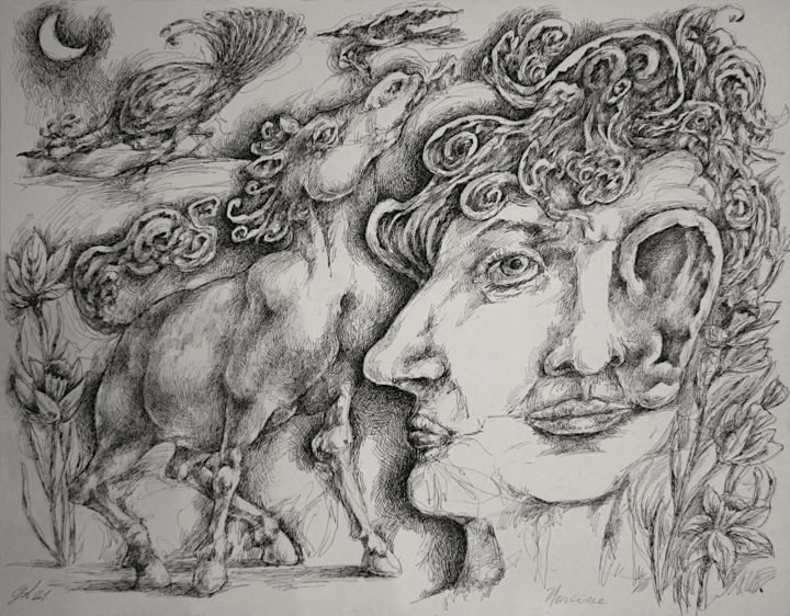 Desenho intitulada "Narcisse" por Christophe Gol, Obras de arte originais, Tinta