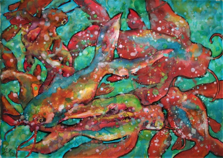 Peinture intitulée "Poissons rouges" par Christophe Gol, Œuvre d'art originale, Acrylique