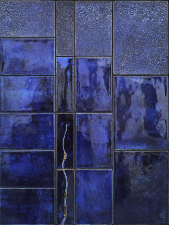 Painting titled "ELEMENT BLEU" by Christophe Mirande, Original Artwork, Enamel Mounted on Wood Panel