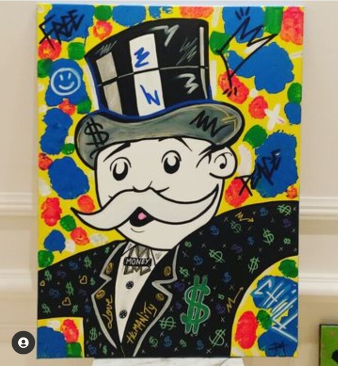 Painting titled "Colors of Monopoly" by Christopher Normandin (Dark art), Original Artwork, Acrylic Mounted on Wood Stretche…