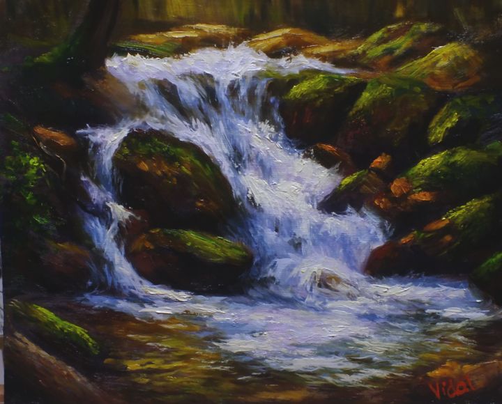 Malerei mit dem Titel "Waterfall Snowy Mou…" von Christopher Vidal, Original-Kunstwerk, Öl