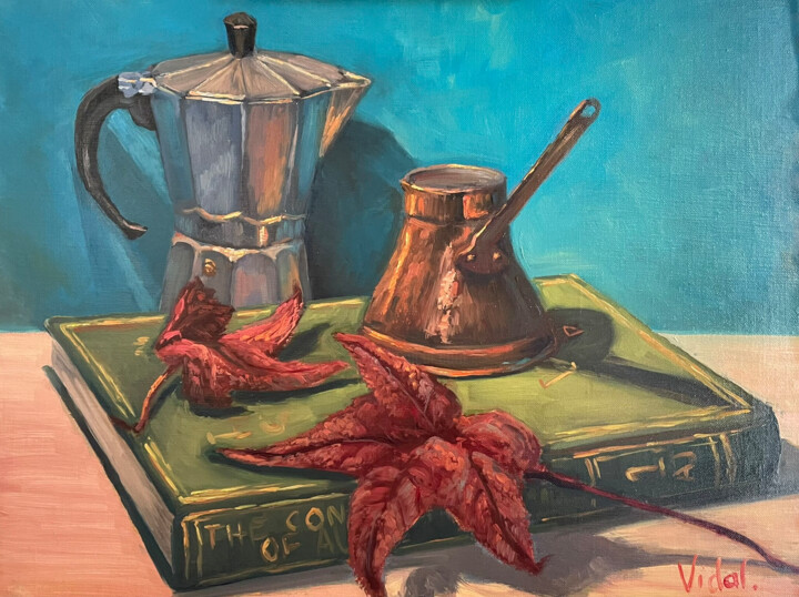 Malerei mit dem Titel "Coffee pots, books…" von Christopher Vidal, Original-Kunstwerk, Öl