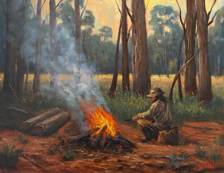 Malerei mit dem Titel "Near the Campfire" von Christopher Vidal, Original-Kunstwerk, Öl
