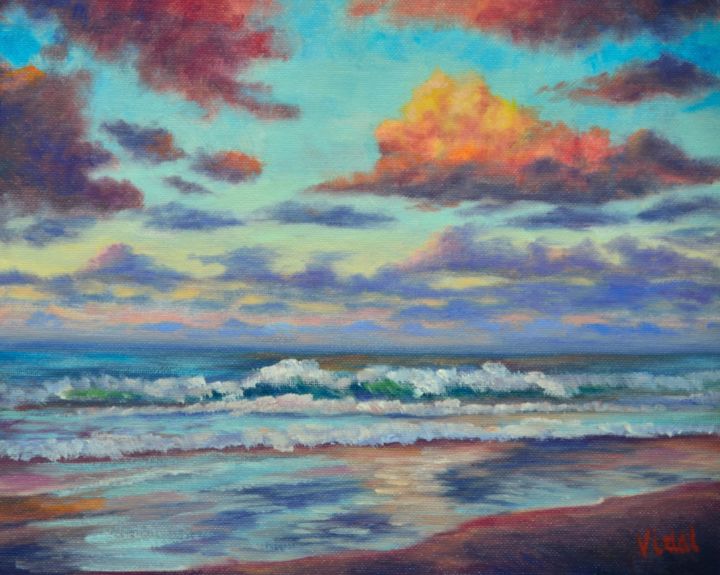 「Sunset Coolum Beach…」というタイトルの絵画 Christopher Vidalによって, オリジナルのアートワーク, オイル