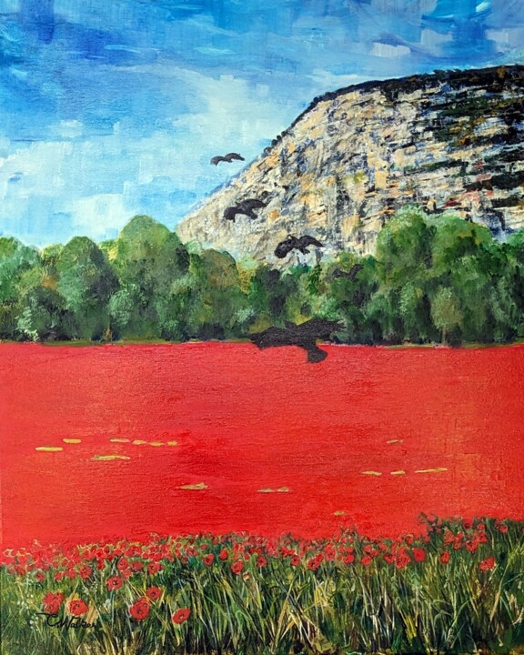 Painting titled "Coquelicots" by Christopher Walker, Original Artwork, Oil Mounted on Wood Stretcher frame