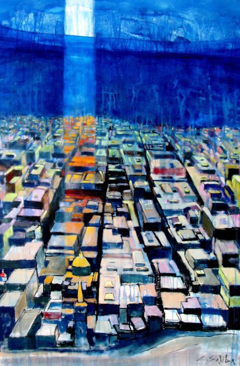 Painting titled "City- aerial view" by Christopher Saliba, Original Artwork