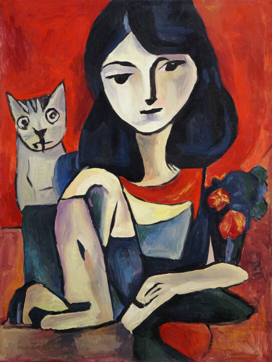 Schilderij getiteld "a girl with a cat a…" door Christos Baloukos, Origineel Kunstwerk, Acryl