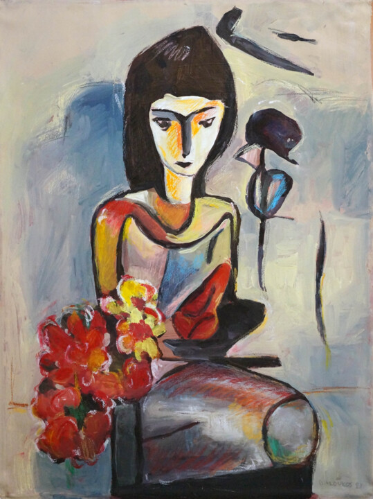 Schilderij getiteld "a girl with flowers" door Christos Baloukos, Origineel Kunstwerk, Acryl