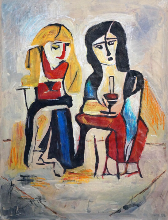 Schilderij getiteld "Two girls drinking…" door Christos Baloukos, Origineel Kunstwerk, Acryl