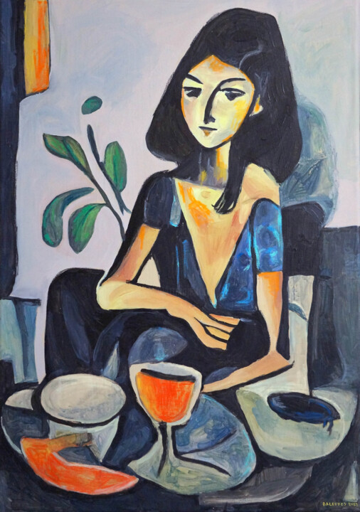 Pintura intitulada "A girl sitting on c…" por Christos Baloukos, Obras de arte originais, Acrílico
