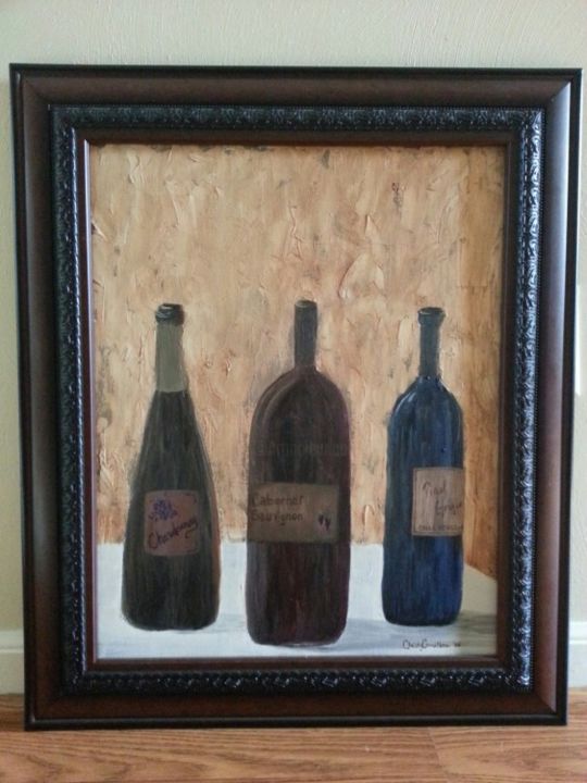 Malarstwo zatytułowany „Wine Bottles on a T…” autorstwa Christy Carrithers-Vesci, Oryginalna praca, Olej