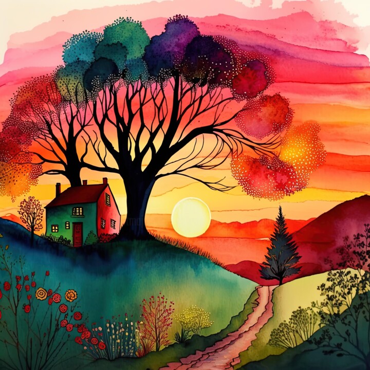 Watercolor Folk Art Sunset #1, Digital Arts by Chromatic Fusion Studio