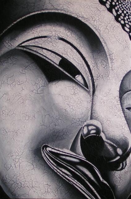 Pintura intitulada "Buddha métallique" por Chrystel Mialet, Obras de arte originais, Óleo