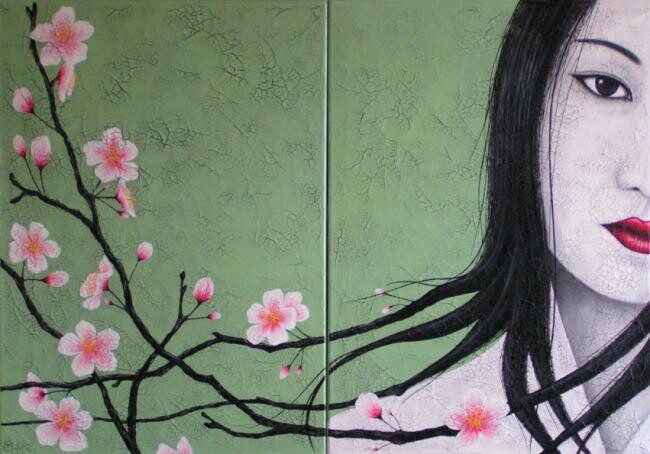 Painting titled "Geisha & branches d…" by Chrystel Mialet, Original Artwork