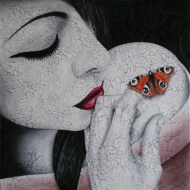 Pittura intitolato "papillon apprivoisé" da Chrystel Mialet, Opera d'arte originale