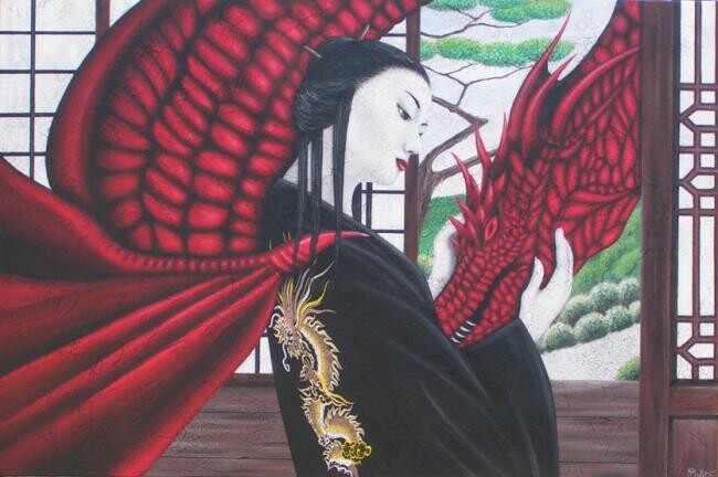 Painting titled "La Geisha et le Dra…" by Chrystel Mialet, Original Artwork