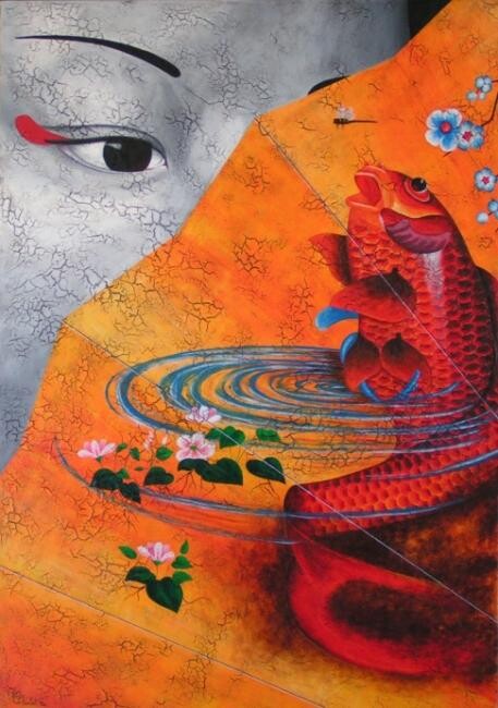 绘画 标题为“Geisha & carpe Koï” 由Chrystel Mialet, 原创艺术品, 油