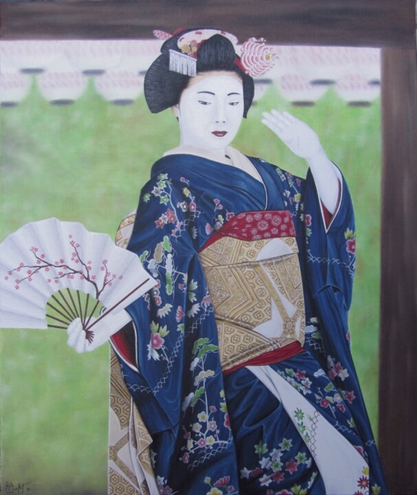 Malerei mit dem Titel "Geisha - Dansant" von Chrystel Mialet, Original-Kunstwerk, Öl