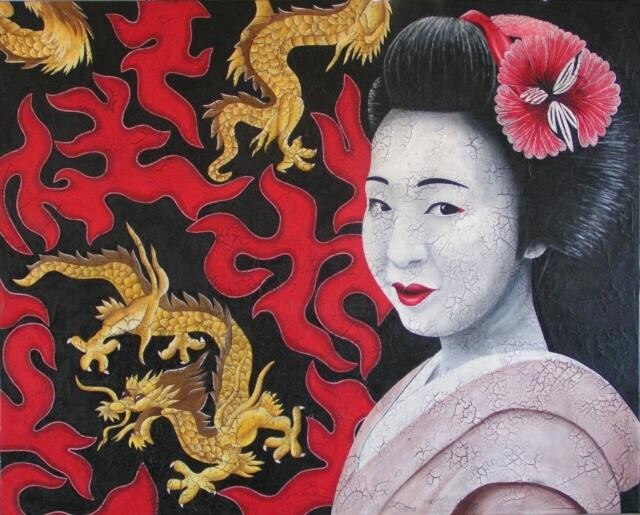 Painting titled "Geisha & dragons" by Chrystel Mialet, Original Artwork