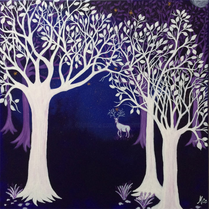 Painting titled "la-nuit-du-cerf" by Marie-Chrystel Chiron Drouillet, Original Artwork, Acrylic