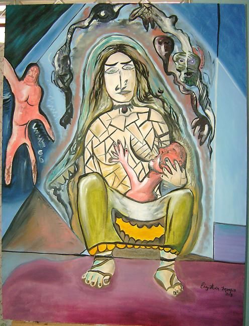 Painting titled "A mãe, o filho e a…" by Chrystian Marques, Original Artwork