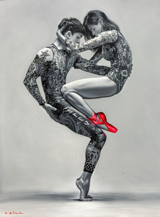 Pintura titulada "Dancing Duo" por Chung Yau Shek, Obra de arte original, Oleo Montado en Bastidor de camilla de madera