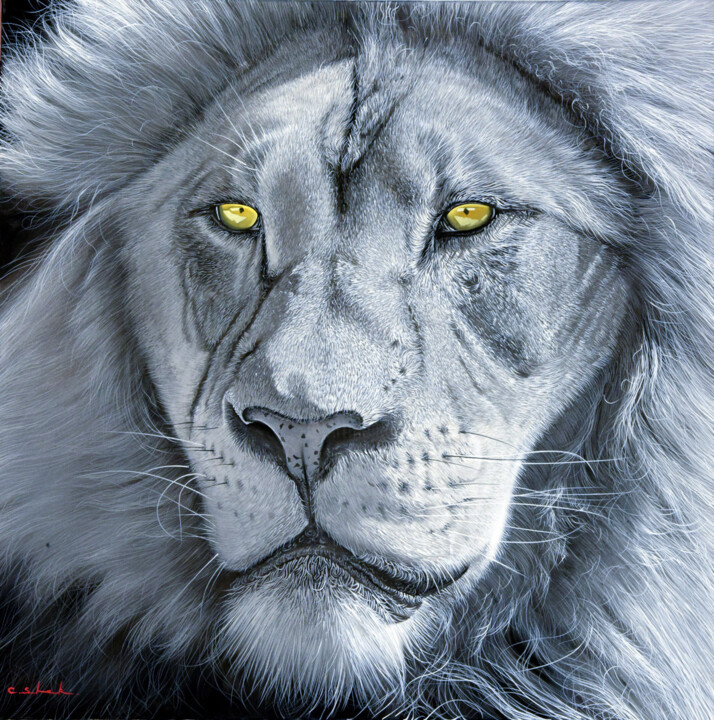 Painting titled "Lion" by Chung Yau Shek, Original Artwork, Oil Mounted on Wood Stretcher frame
