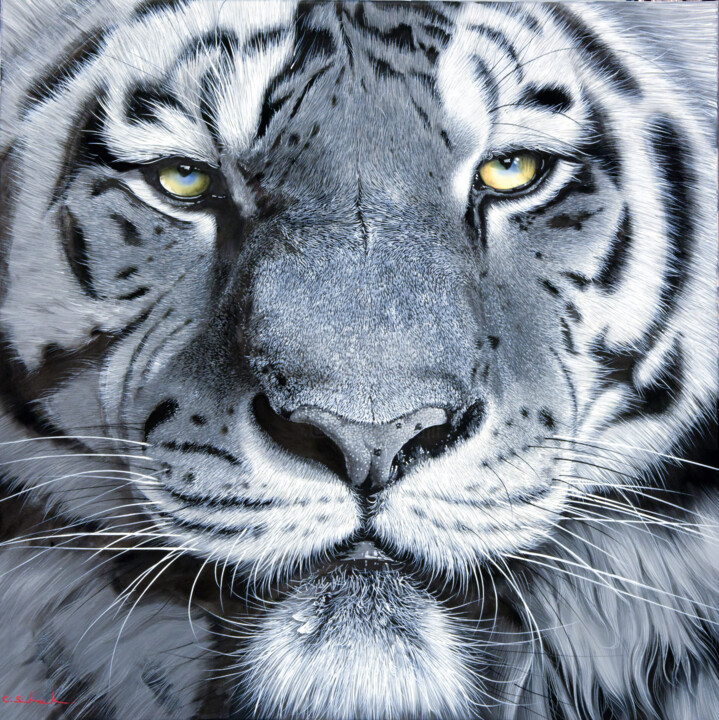 Painting titled "Tiger" by Chung Yau Shek, Original Artwork, Oil Mounted on Wood Stretcher frame