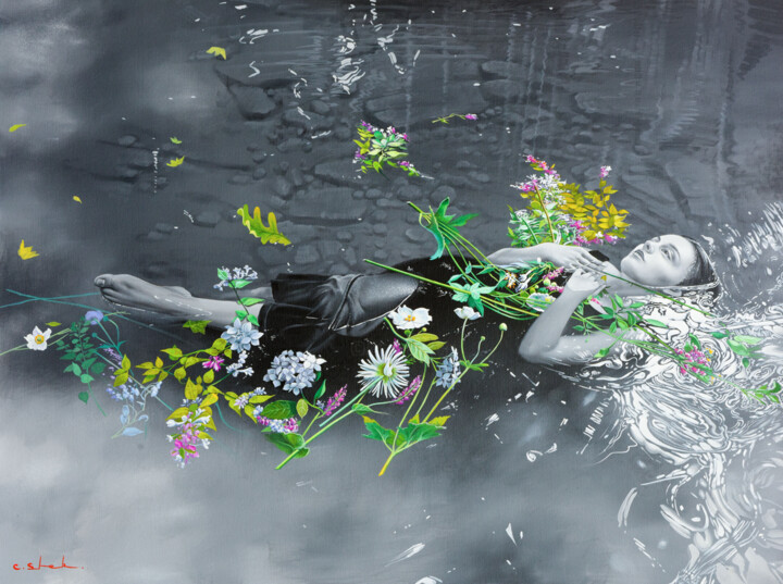 Malarstwo zatytułowany „Ophelia” autorstwa Chung Yau Shek, Oryginalna praca, Olej Zamontowany na Drewniana rama noszy