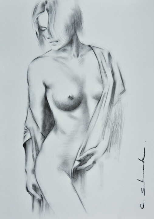 Tekening getiteld "Female Drawing 2" door Chung Yau Shek, Origineel Kunstwerk, Houtskool