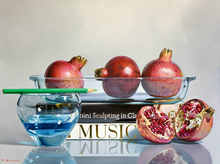 Painting titled "Still Life - Pomegr…" by Chung Yau Shek, Original Artwork, Oil Mounted on Wood Stretcher frame