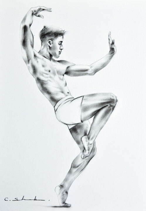 Σχέδιο με τίτλο "Male Study 3" από Chung Yau Shek, Αυθεντικά έργα τέχνης, Κάρβουνο