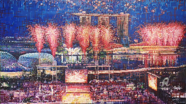 Pittura intitolato "Light up Singapore…" da Chunlei Zhang, Opera d'arte originale, Olio