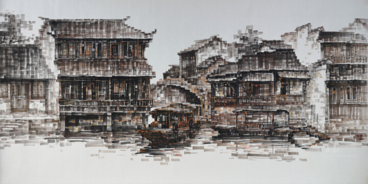 Drawing titled "Old Town 忆江南" by Chunlei Zhang, Original Artwork, Ink